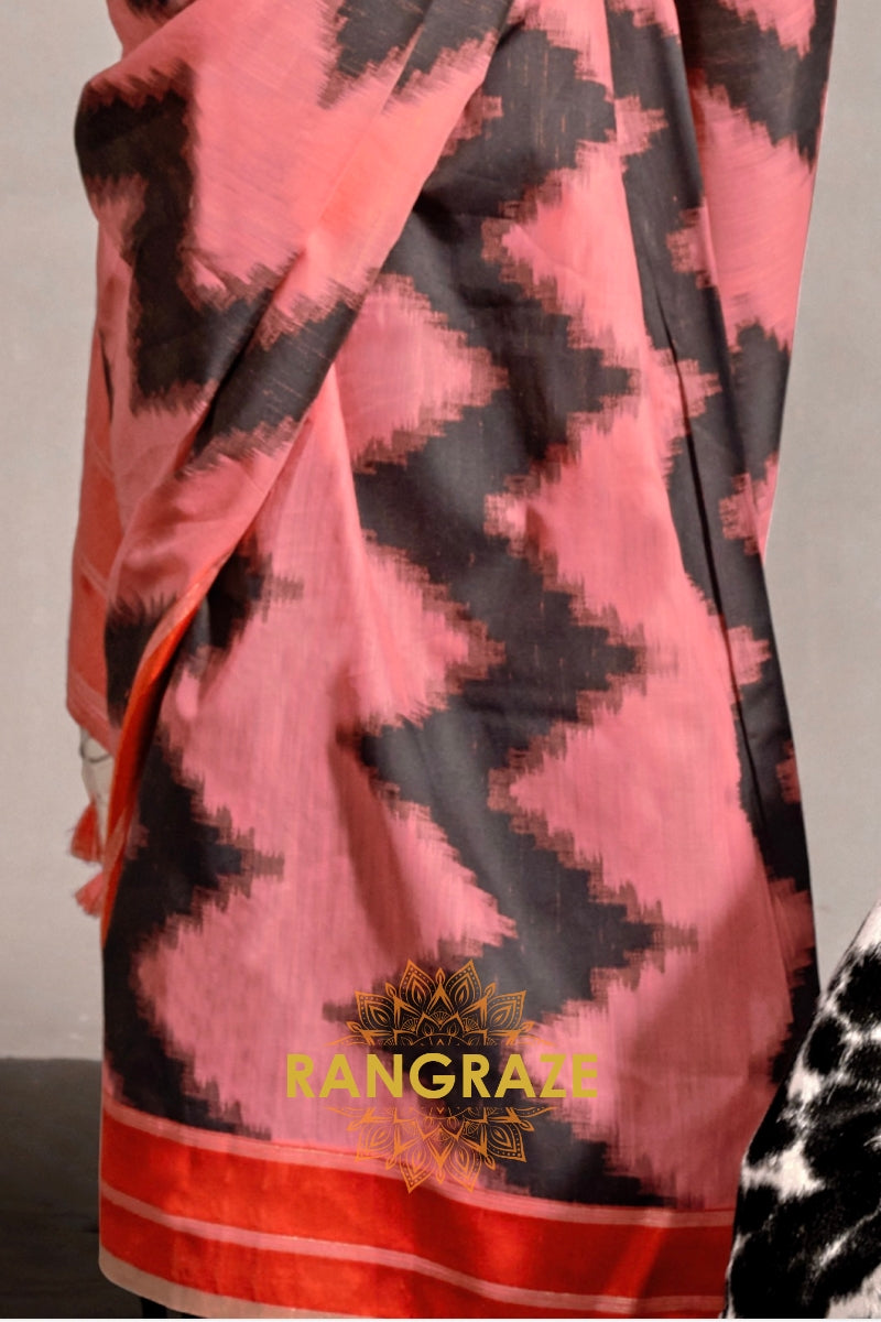 Coral and Black Handwoven Banarasi Soft Silk Saree