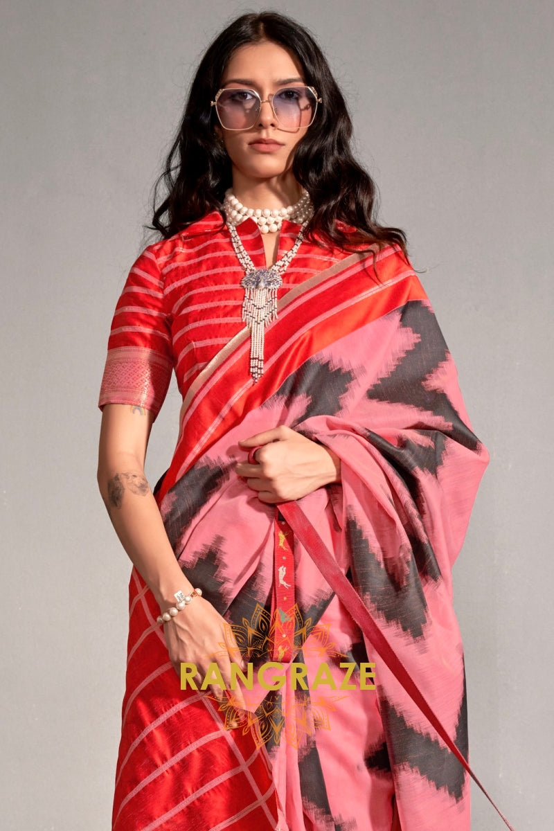 Coral and Black Handwoven Banarasi Soft Silk Saree
