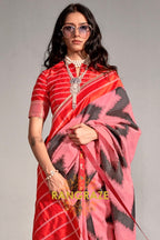 Coral and Black Handwoven Banarasi Soft Silk Saree