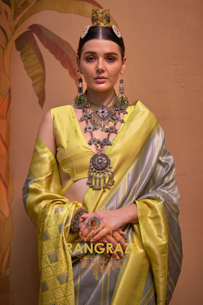 Grey And Lemon Yellow Banarasi Silk Saree