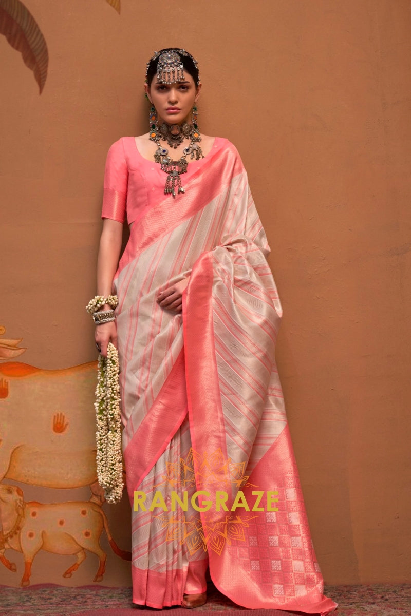Cream And Coral Pink Banarasi Silk Saree