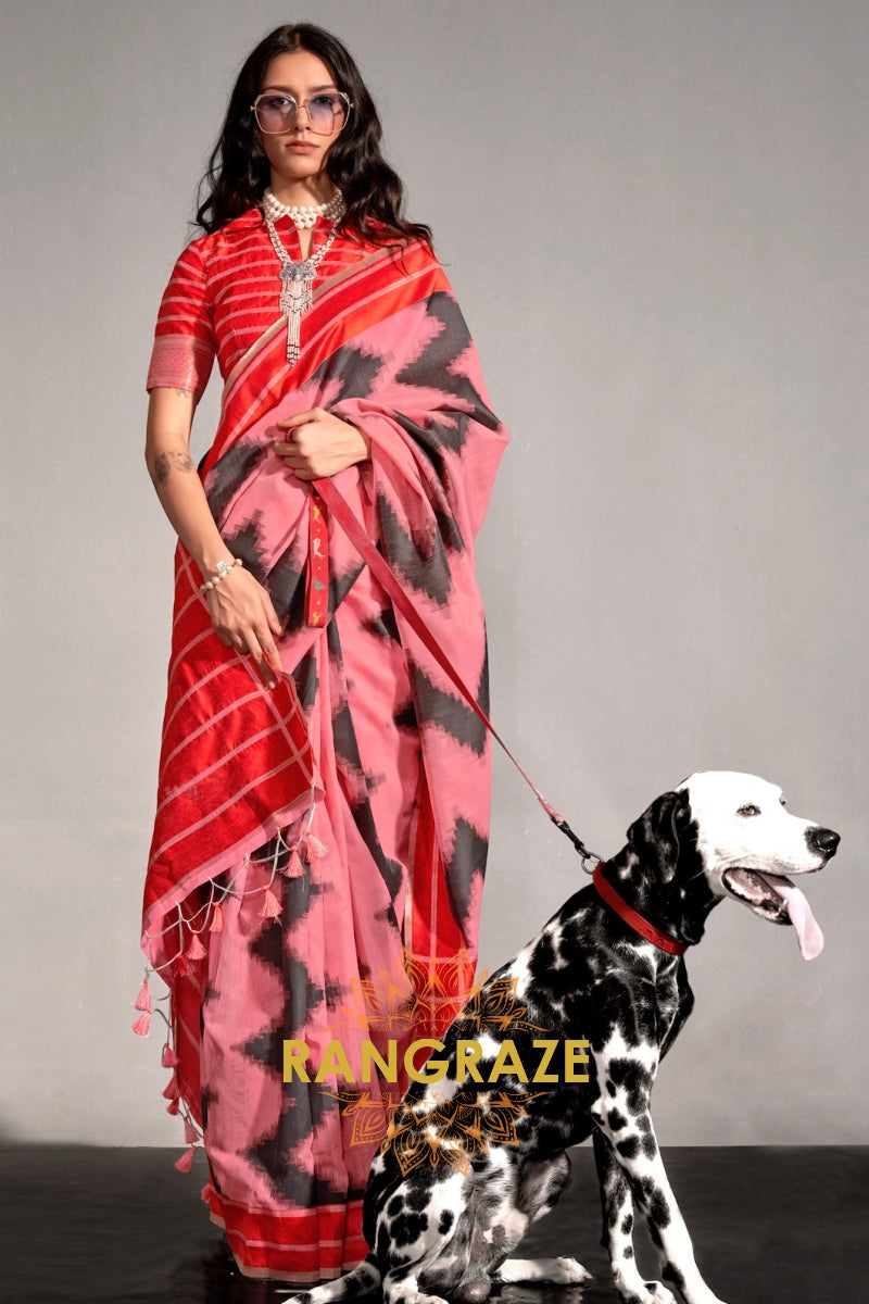 Coral and Black Handwoven Banarasi Soft Silk Saree