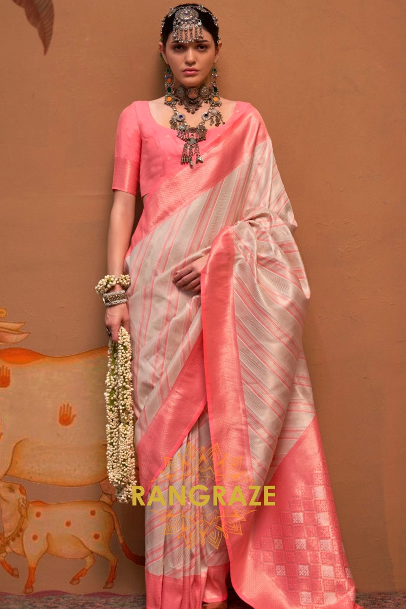 Cream And Coral Pink Banarasi Silk Saree