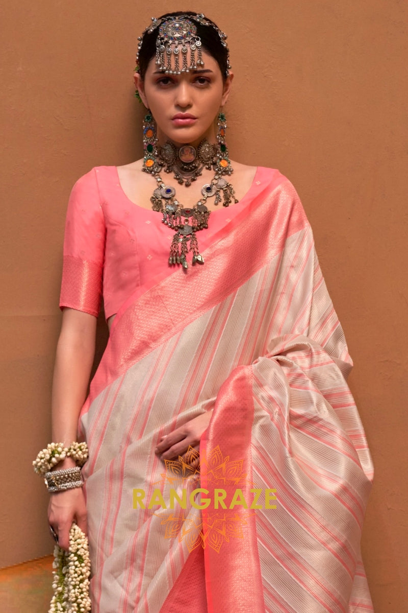 Cream And Coral Pink Banarasi Silk Saree