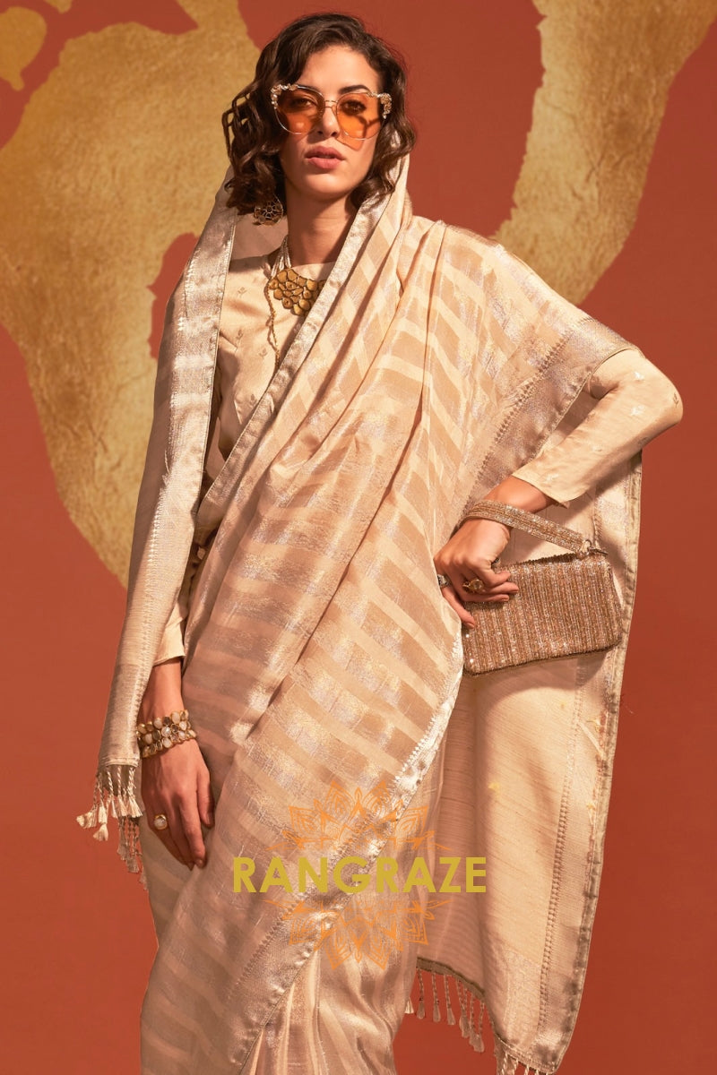 Champagne Cream Elegance Handloom Woven Banarasi Silk Saree
