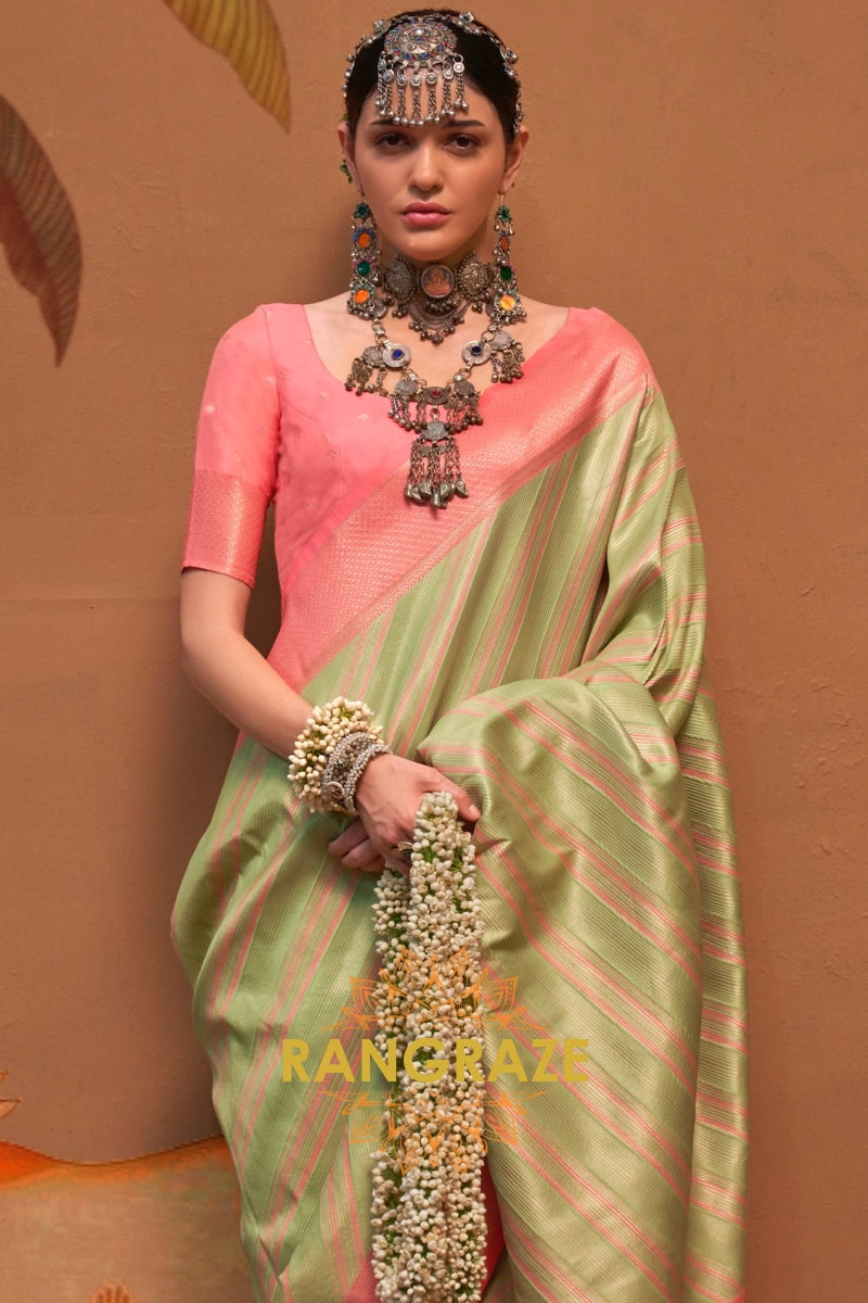 Pastel Green And Pink Banarasi Silk Saree