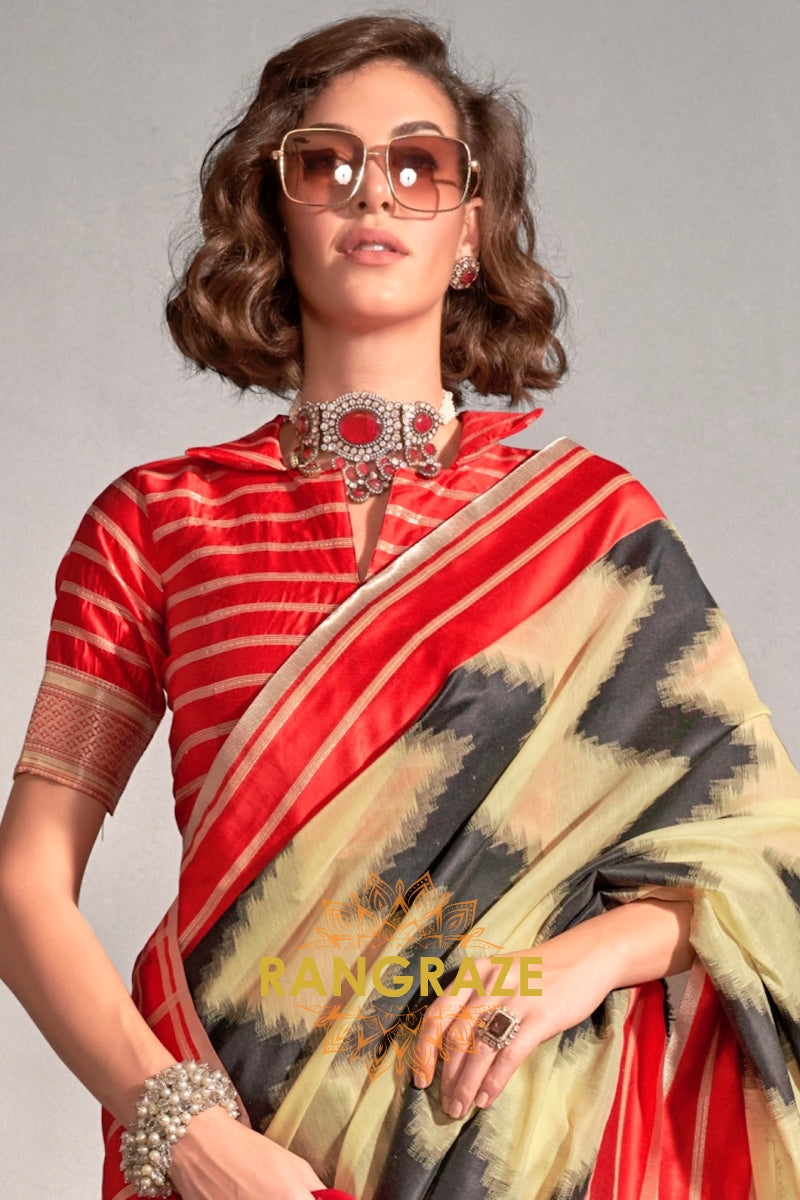 Lemon Yellow and Black Handwoven Banarasi Soft Silk Saree
