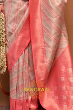 Cream And Coral Pink Banarasi Silk Saree