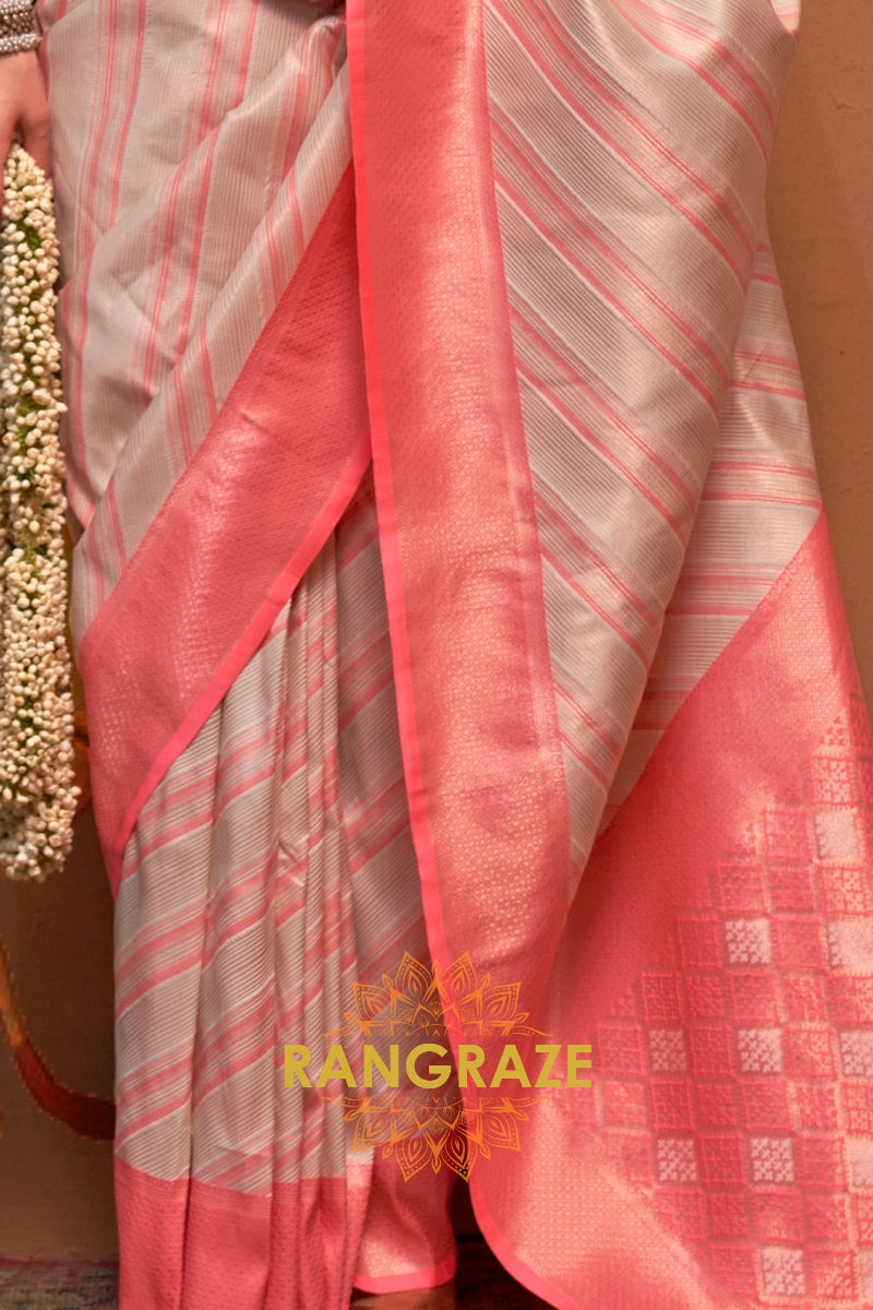 Cream And Coral Pink Banarasi Silk Saree