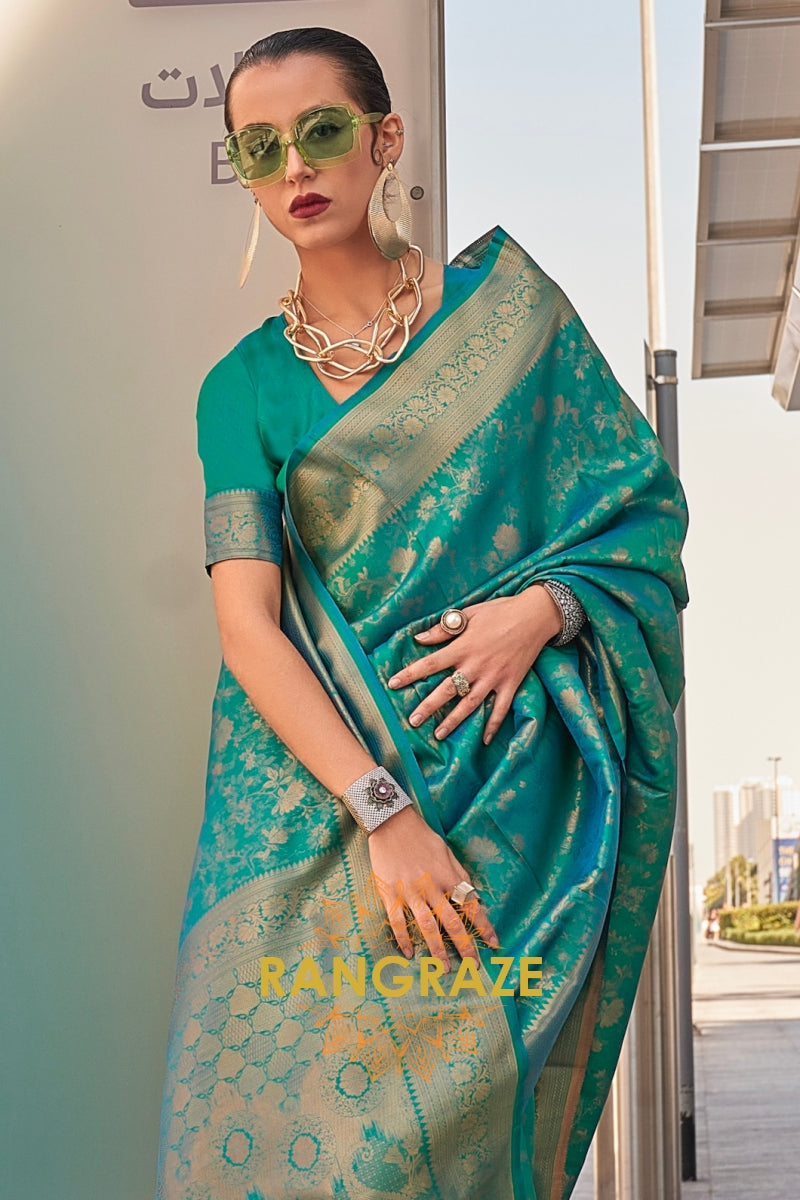 Emerald Teal Banarasi Silk Handloom Saree