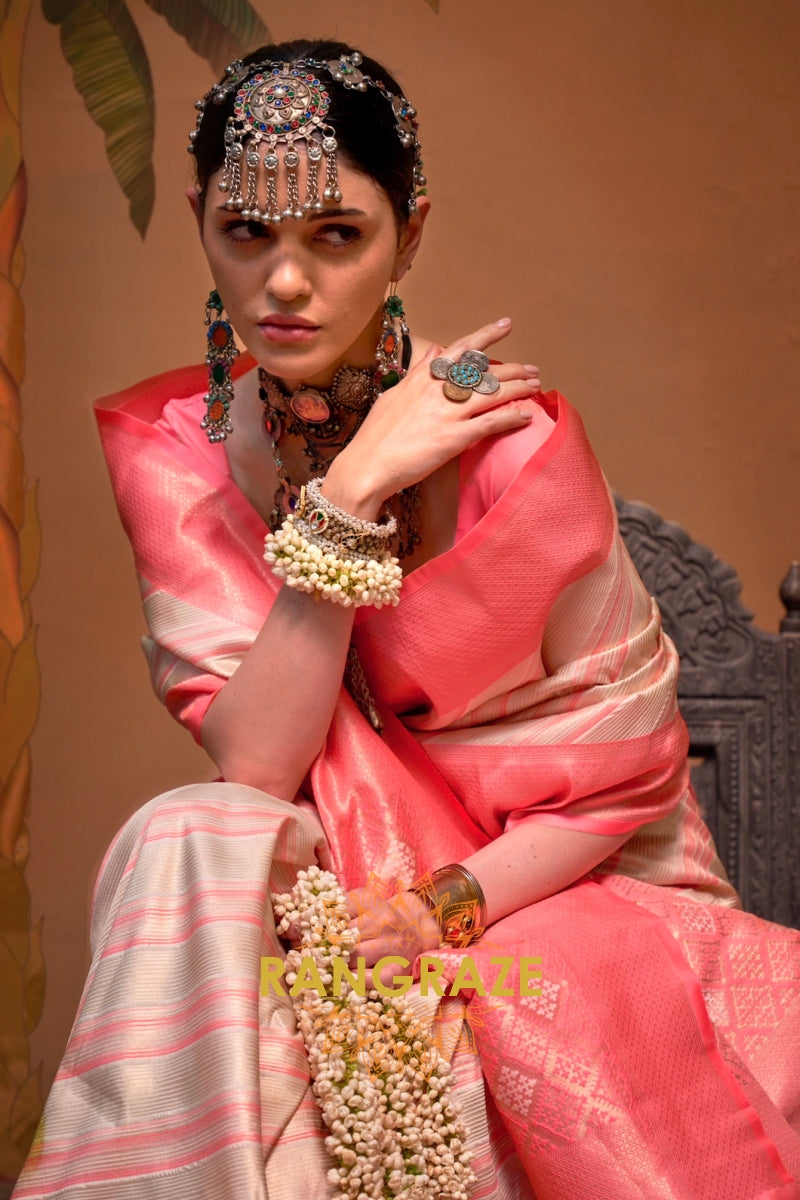 Cream And Coral Pink Banarasi Silk Saree