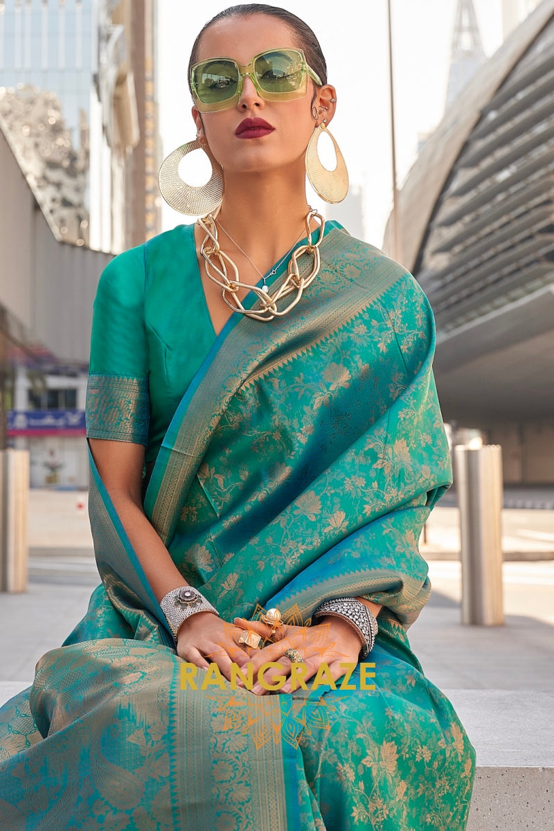 Emerald Teal Banarasi Silk Handloom Saree