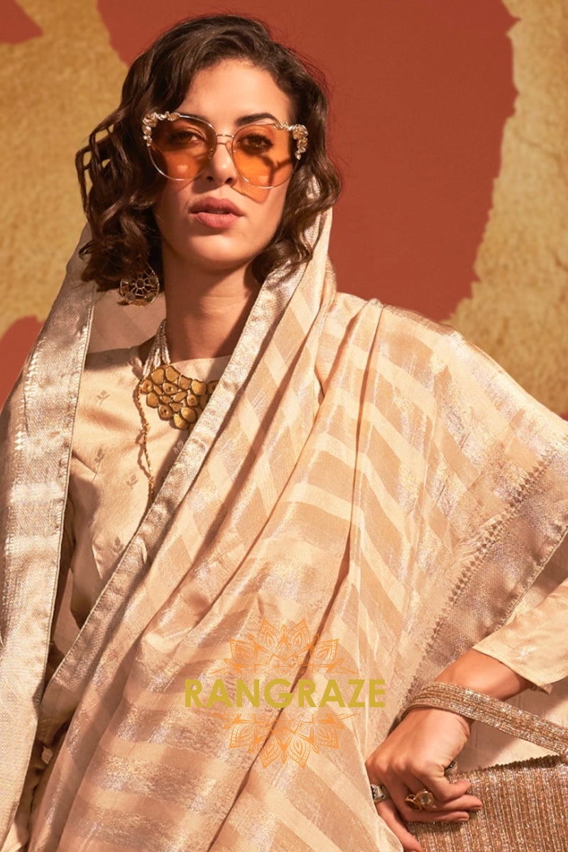 Champagne Cream Elegance Handloom Woven Banarasi Silk Saree