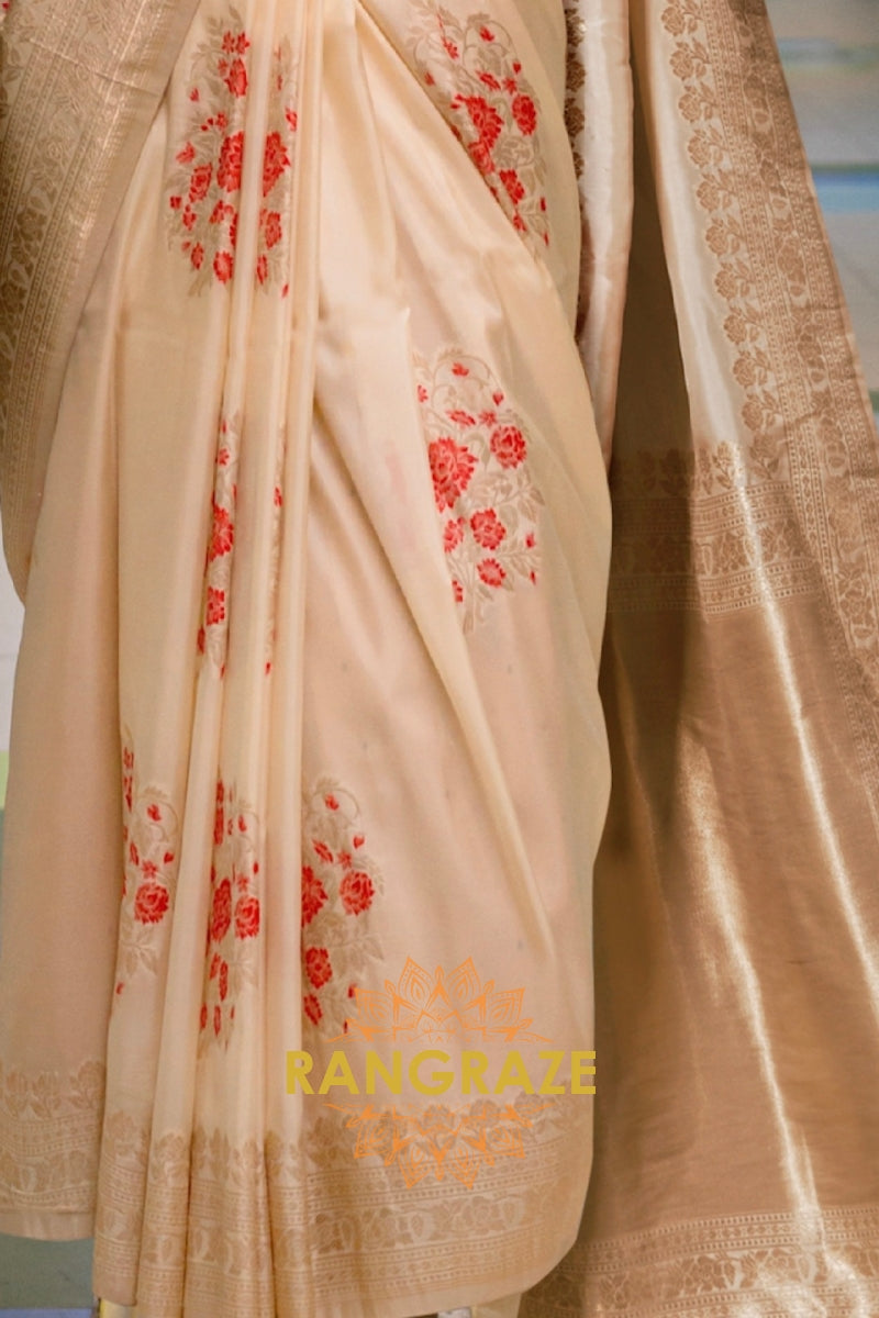Ivory White Handloom Woven Banarasi Silk Saree