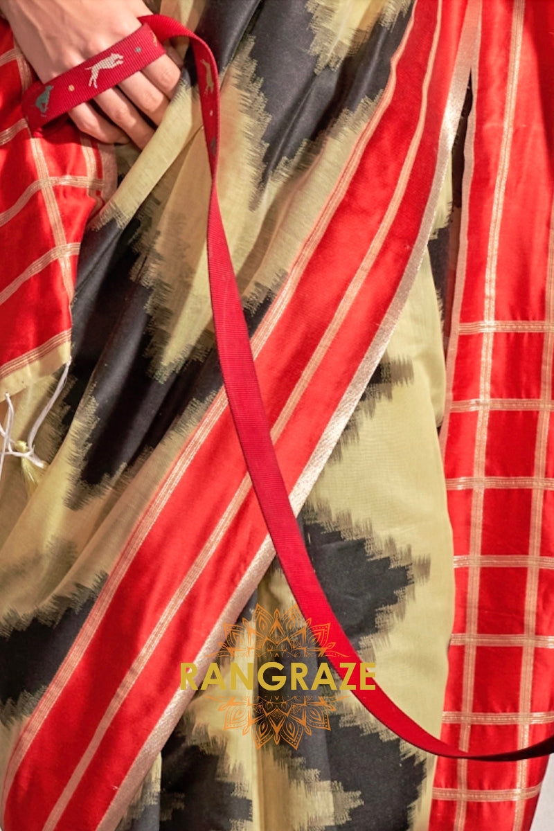 Lemon Yellow and Black Handwoven Banarasi Soft Silk Saree