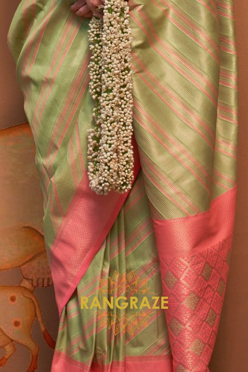 Pastel Green And Pink Banarasi Silk Saree