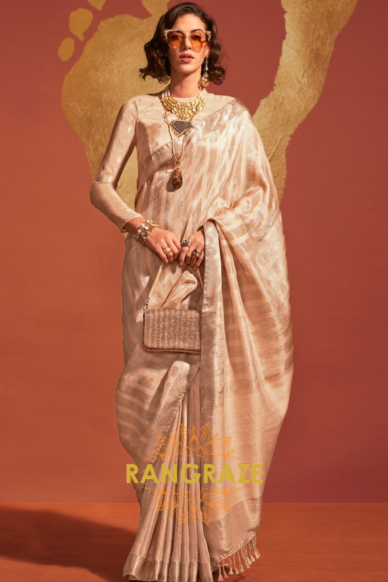 Champagne Cream Elegance Handloom Woven Banarasi Silk Saree