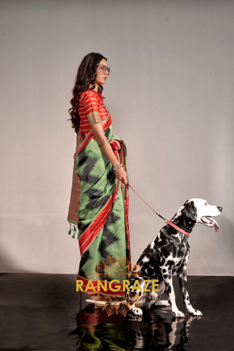 Mint Green and Black Handwoven Banarasi Soft Silk Saree