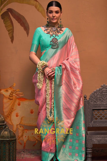 Peach Pink And Teal Green Banarasi Silk Saree