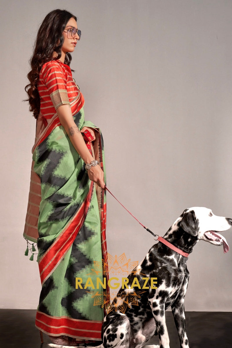 Mint Green and Black Handwoven Banarasi Soft Silk Saree