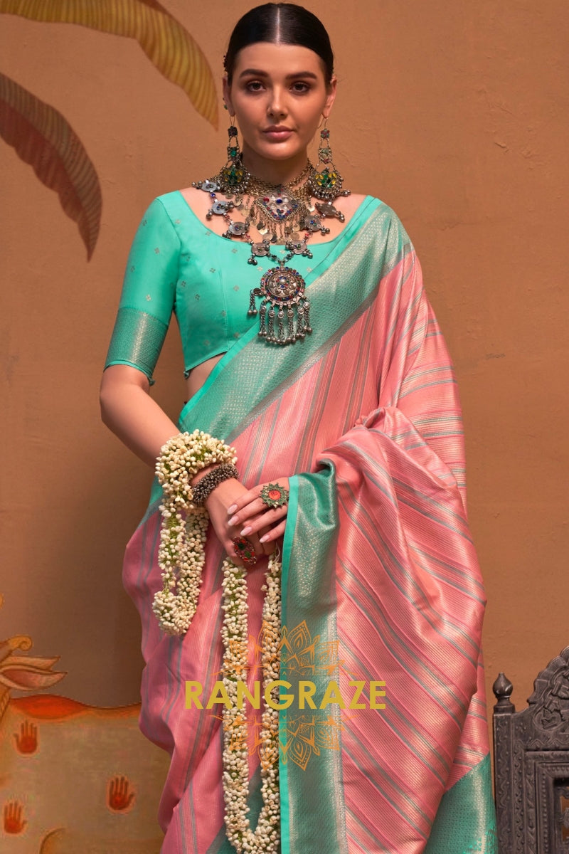 Peach Pink And Teal Green Banarasi Silk Saree