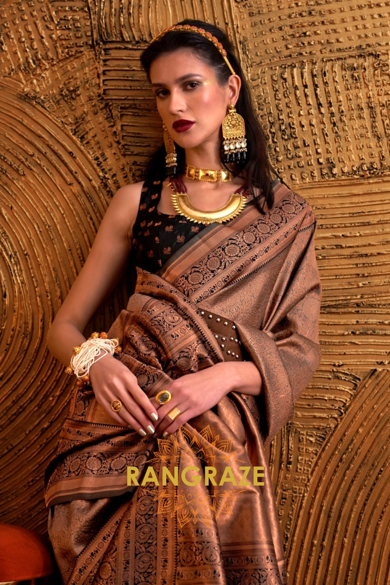 Alluring Golden Woven Banarasi Silk Saree With Contrast Brocade Blouse