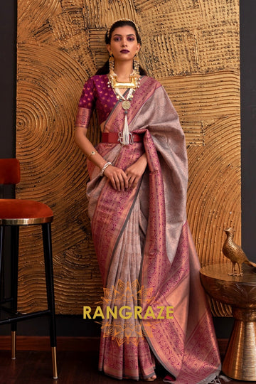 Alluring Grey Woven Banarasi Silk Saree With Contrast Brocade Blouse