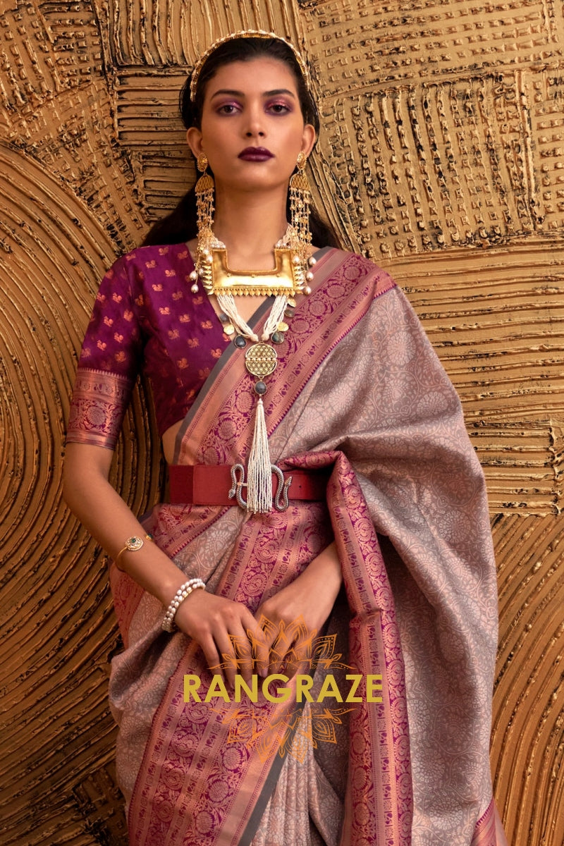 Alluring Grey Woven Banarasi Silk Saree With Contrast Brocade Blouse