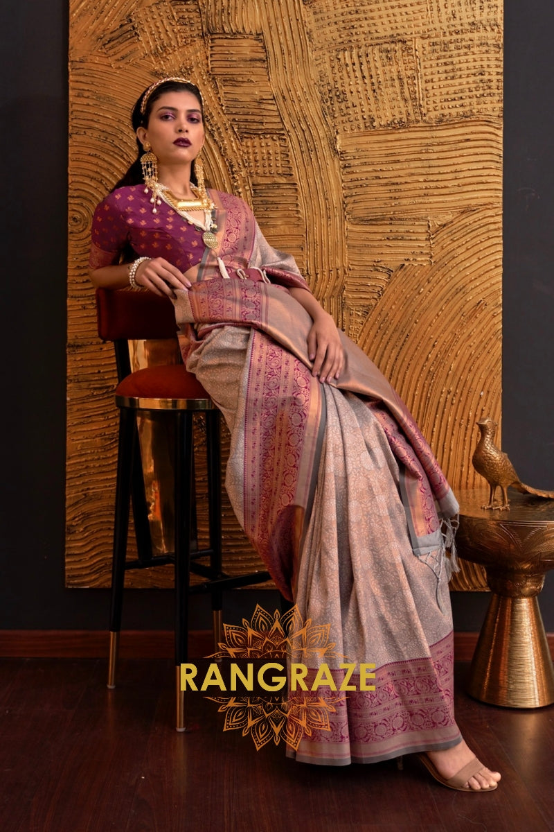 Alluring Grey Woven Banarasi Silk Saree With Contrast Brocade Blouse