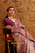 Alluring Grey Woven Banarasi Silk Saree With Contrast Brocade Blouse