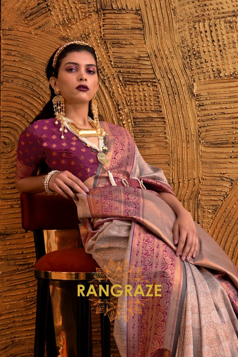 Alluring Grey Woven Banarasi Silk Saree With Contrast Brocade Blouse