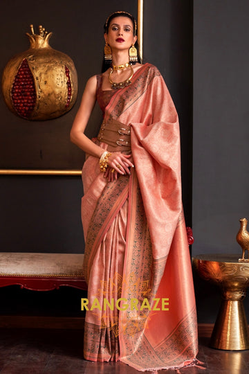 Alluring Peach Pink Woven Banarasi Silk Saree With Contrast Brocade Blouse