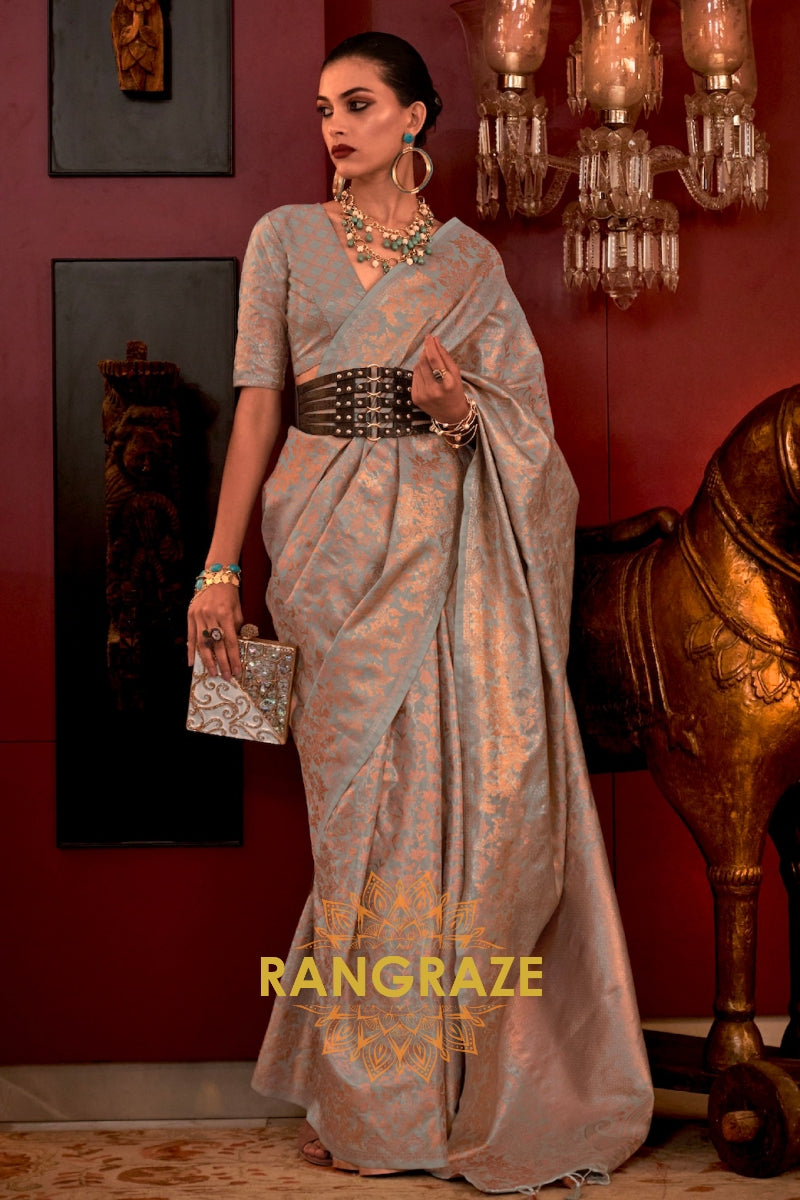 Imperial Metal Grey Woven Banarasi Brocade Silk Saree