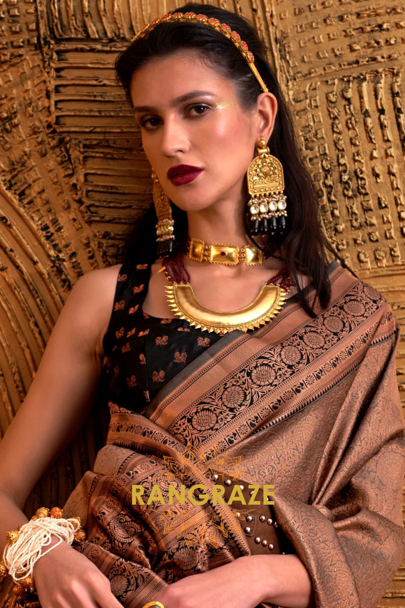 Alluring Golden Woven Banarasi Silk Saree With Contrast Brocade Blouse
