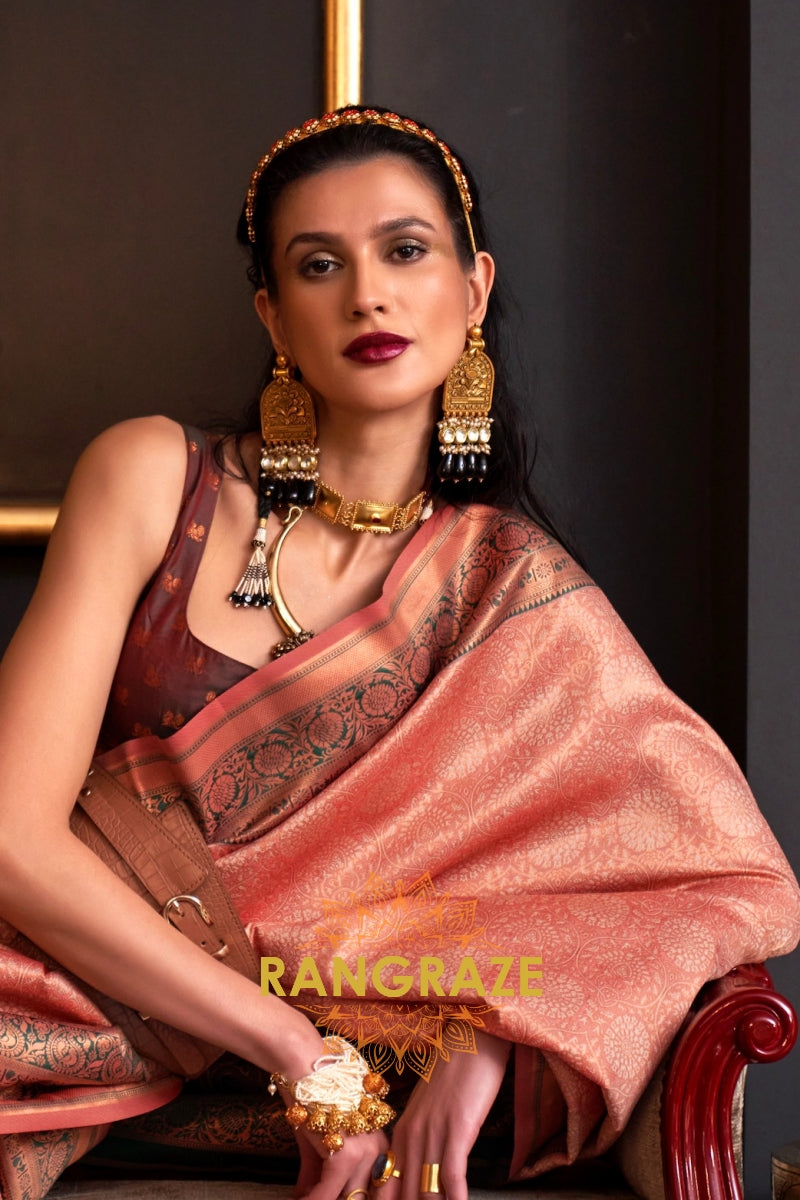 Alluring Peach Pink Woven Banarasi Silk Saree With Contrast Brocade Blouse