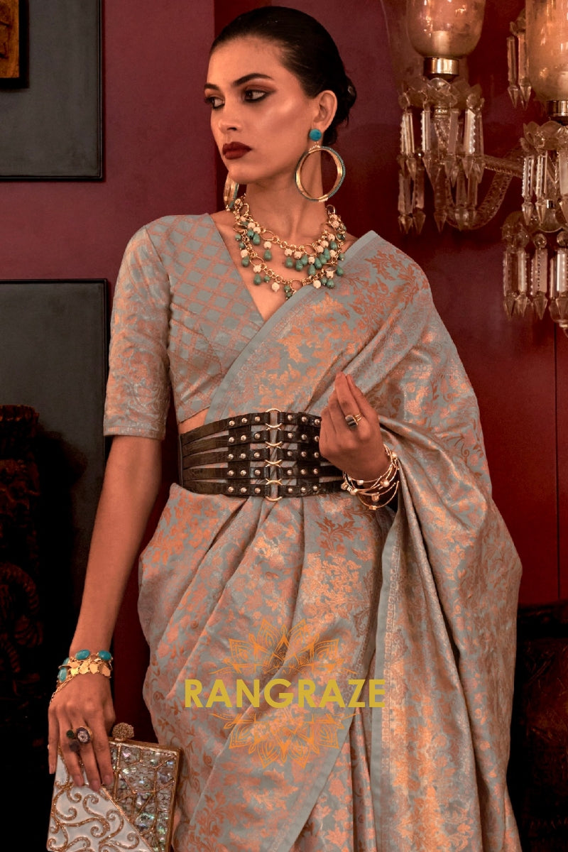 Imperial Metal Grey Woven Banarasi Brocade Silk Saree