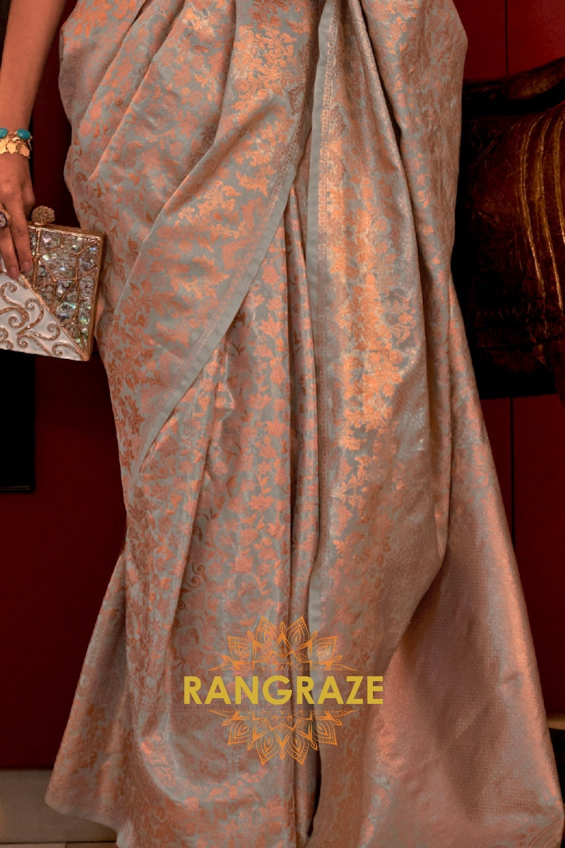 Imperial Metal Grey Woven Banarasi Brocade Silk Saree