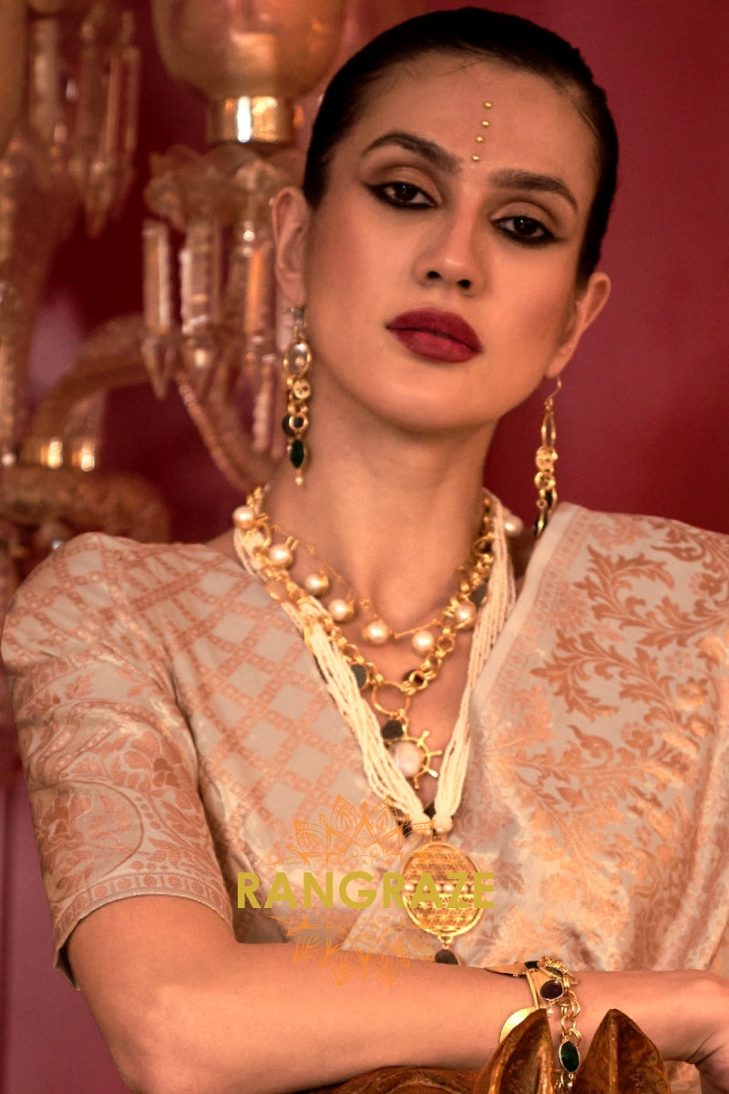 Imperial Ivory Gold Woven Banarasi Brocade Silk Saree