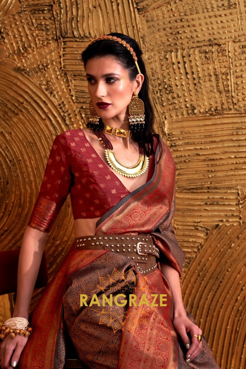 Alluring Golden Grey Woven Banarasi Silk Saree With Contrast Brocade Blouse