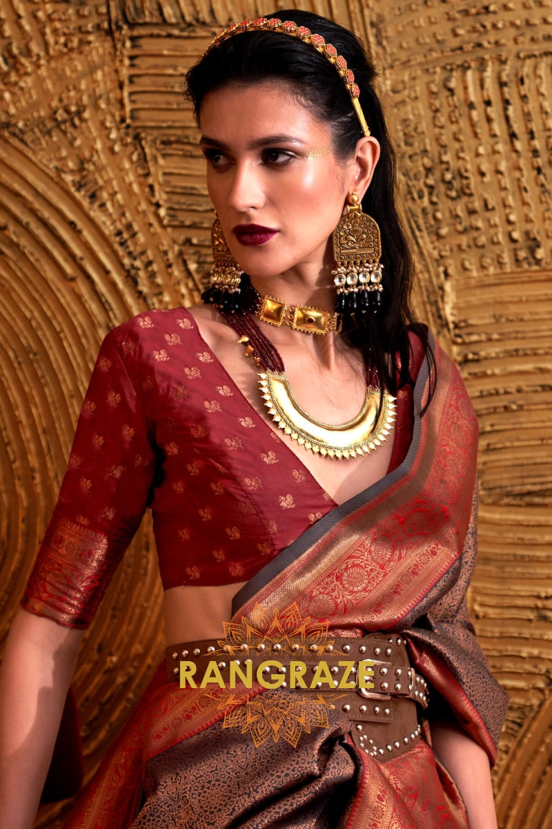 Alluring Golden Grey Woven Banarasi Silk Saree With Contrast Brocade Blouse