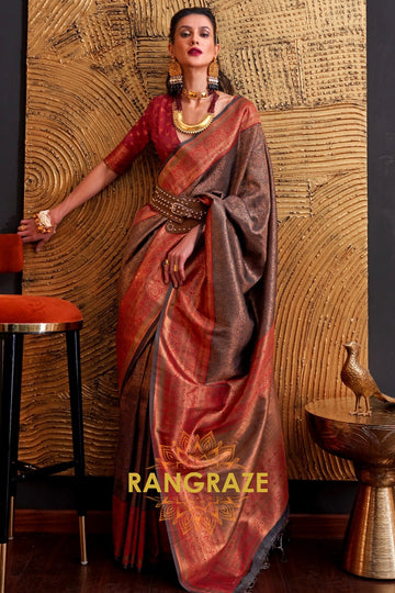 Alluring Golden Grey Woven Banarasi Silk Saree With Contrast Brocade Blouse