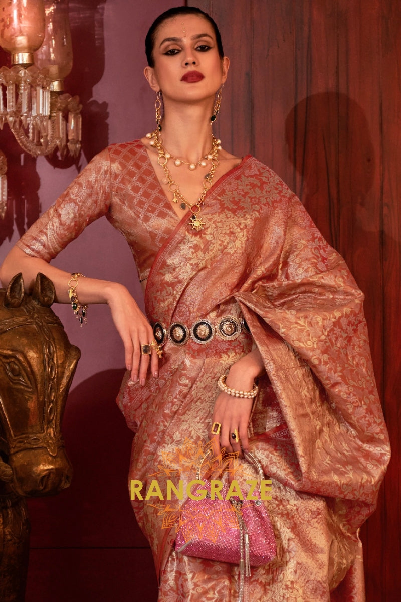Imperial Peach Pink Woven Banarasi Brocade Silk Saree