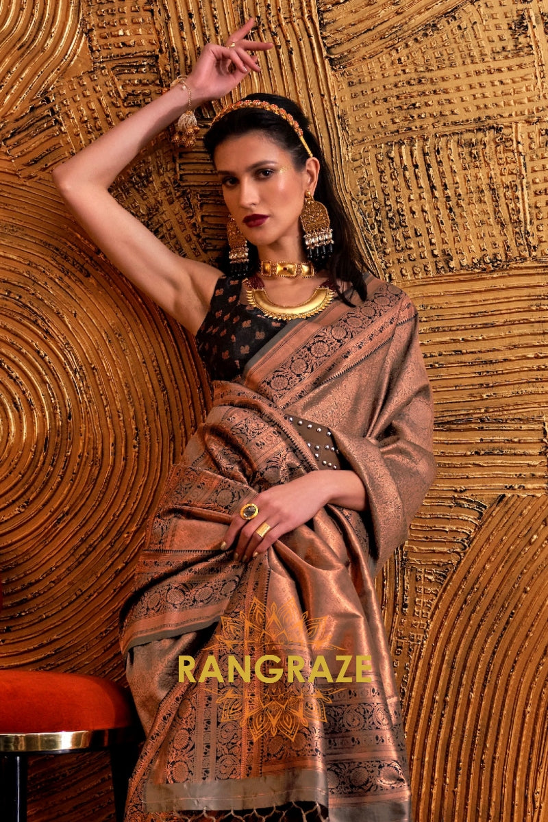 Alluring Golden Woven Banarasi Silk Saree With Contrast Brocade Blouse