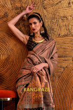 Alluring Golden Woven Banarasi Silk Saree With Contrast Brocade Blouse