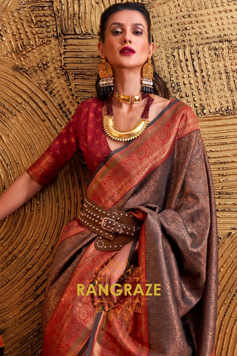 Alluring Golden Grey Woven Banarasi Silk Saree With Contrast Brocade Blouse