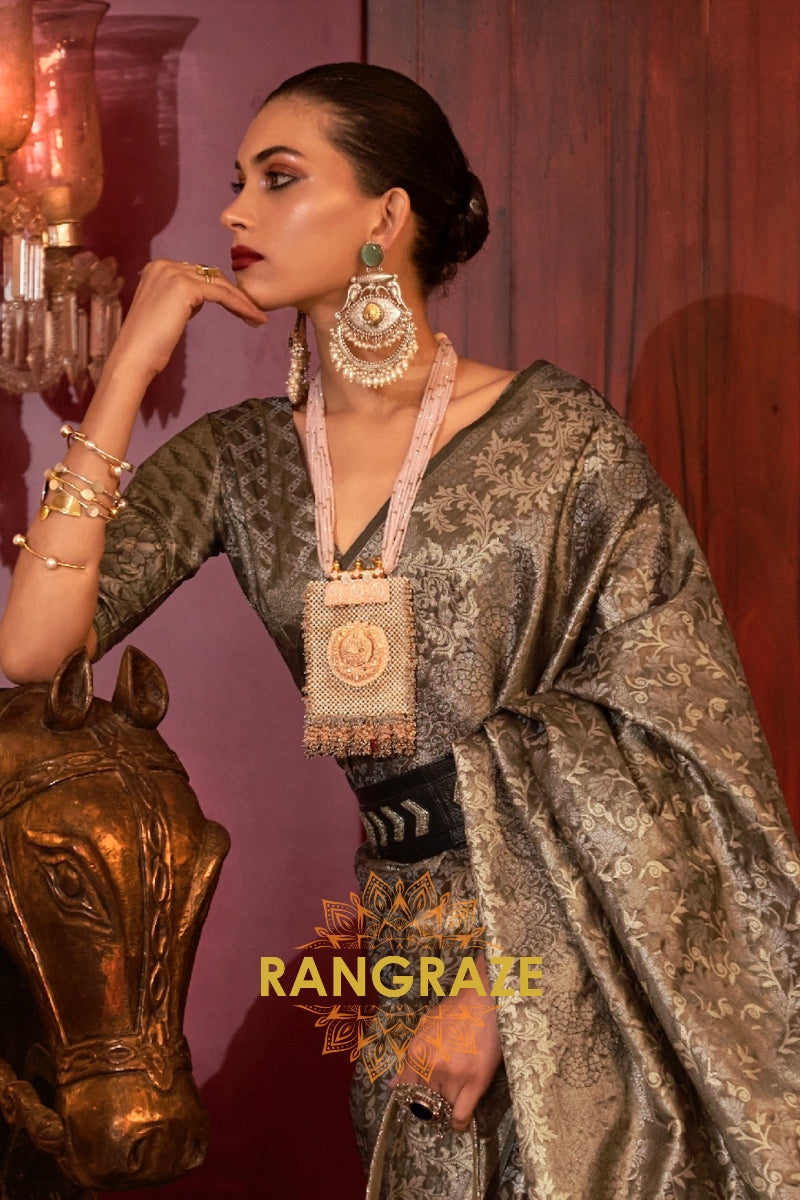 Imperial Golden Black Woven Banarasi Brocade Silk Saree