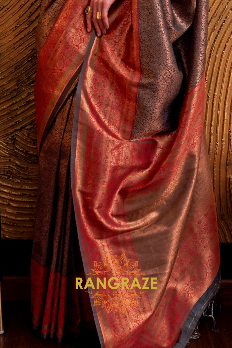 Alluring Golden Grey Woven Banarasi Silk Saree With Contrast Brocade Blouse