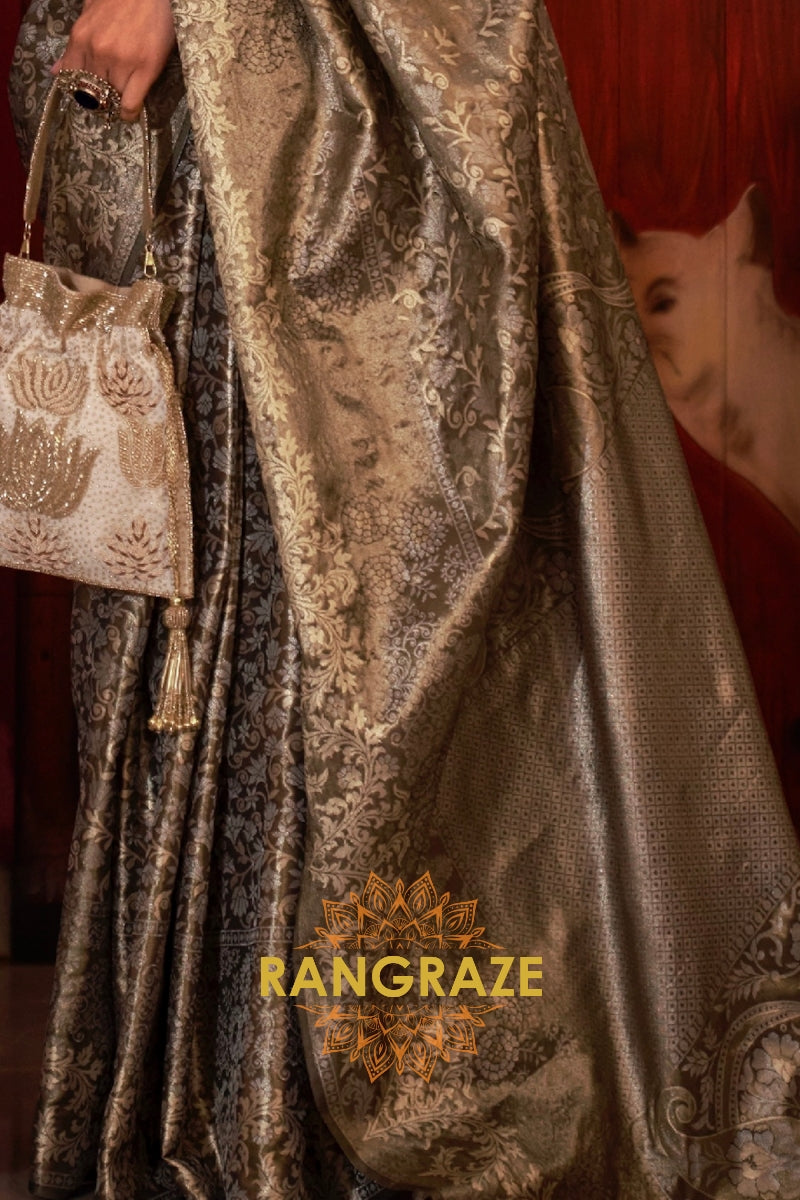 Imperial Golden Black Woven Banarasi Brocade Silk Saree