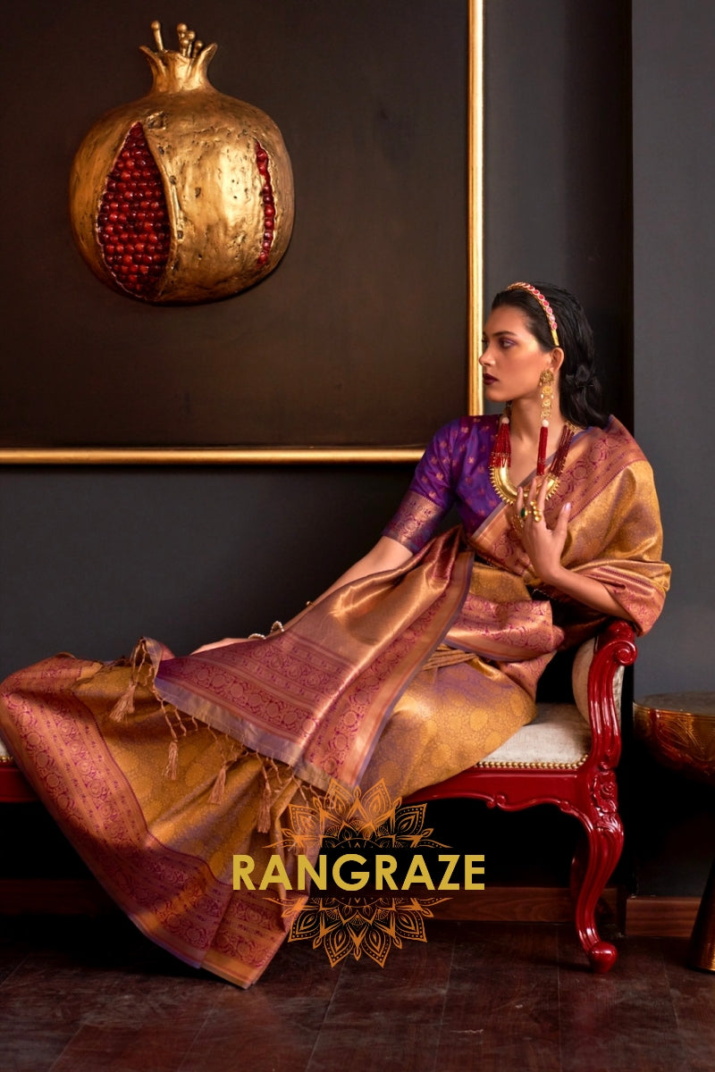 Alluring Golden Yellow Woven Banarasi Silk Saree With Contrast Brocade Blouse