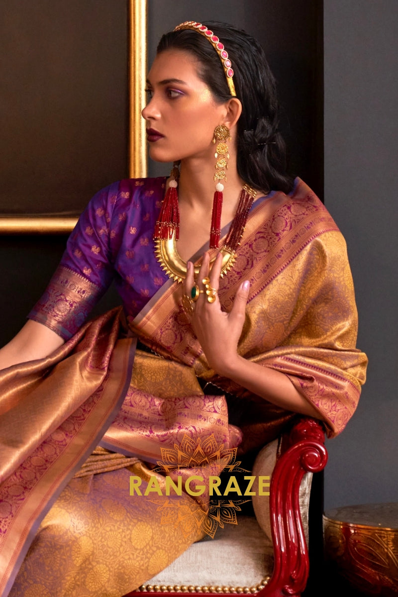 Alluring Golden Yellow Woven Banarasi Silk Saree With Contrast Brocade Blouse